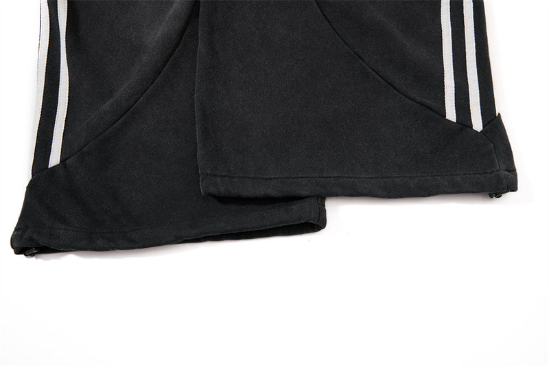 Baggy Wide-Leg Sweatpants – Black Vintage Graphic with Side Stripe Detail