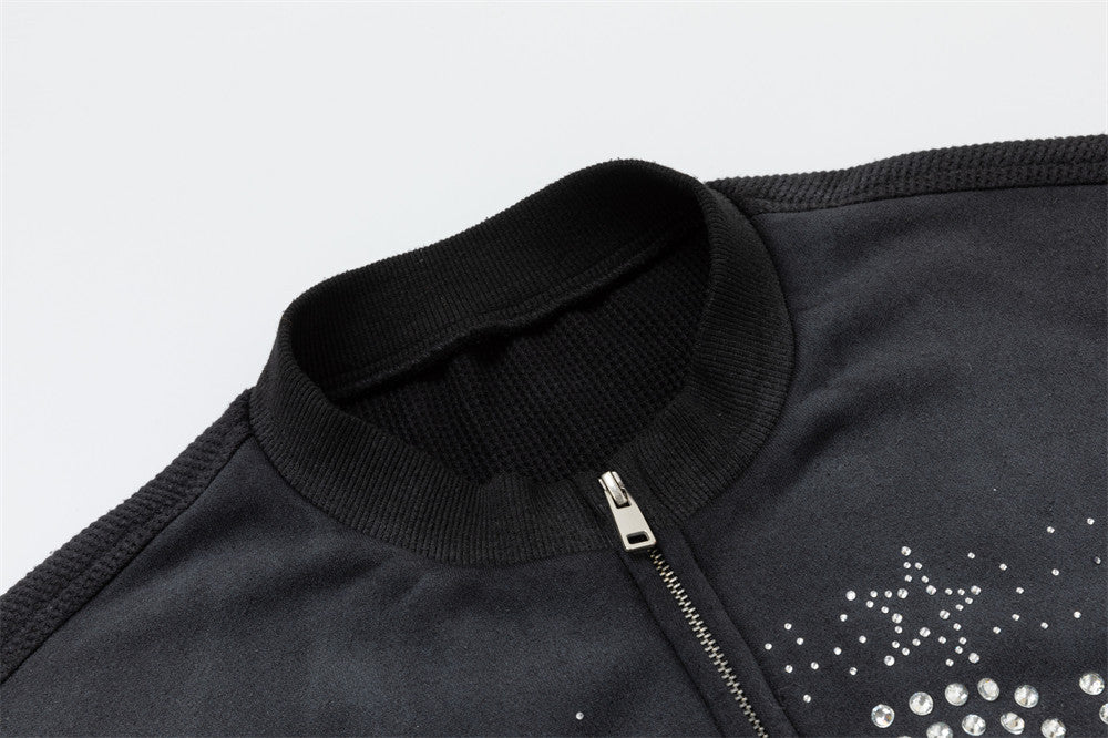 Black Bomber Jacket with Rhinestone Number Print & Mixed-Texture Panels
