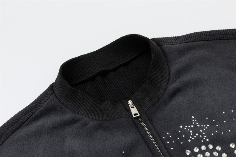 Black Bomber Jacket with Rhinestone Number Print & Mixed-Texture Panels