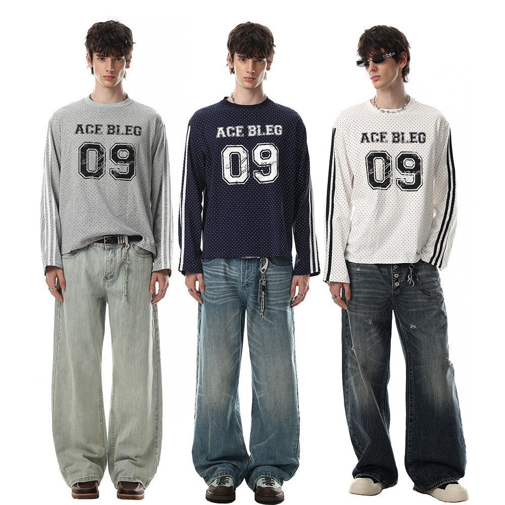 Men's Long Sleeve Tee Shirts – ACE BLEG 09 Varsity Number Polka-Dot Stripe Top
