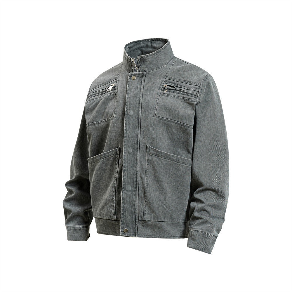 Vintage Workwear Denim Jacket – Stand Collar, Zip Chest Pockets & Oversized Fit