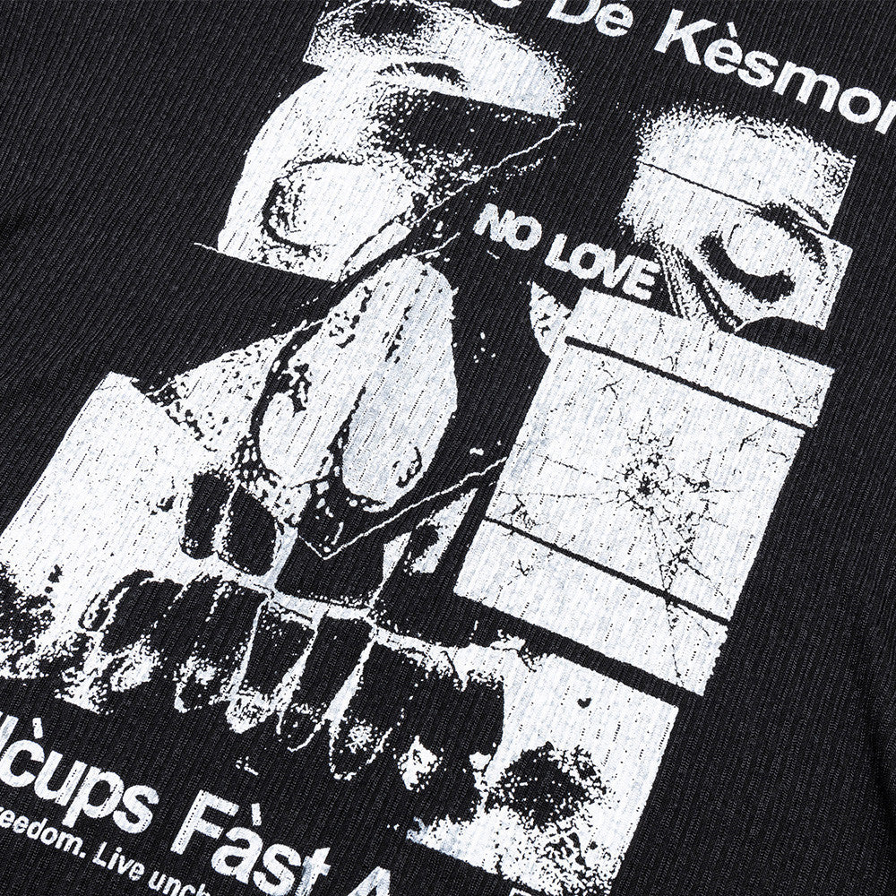 T-shirt côtelé à manches longues et motif tête de mort – Haut col rond streetwear sombre