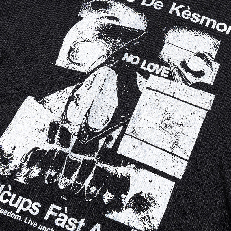 T-shirt côtelé à manches longues et motif tête de mort – Haut col rond streetwear sombre