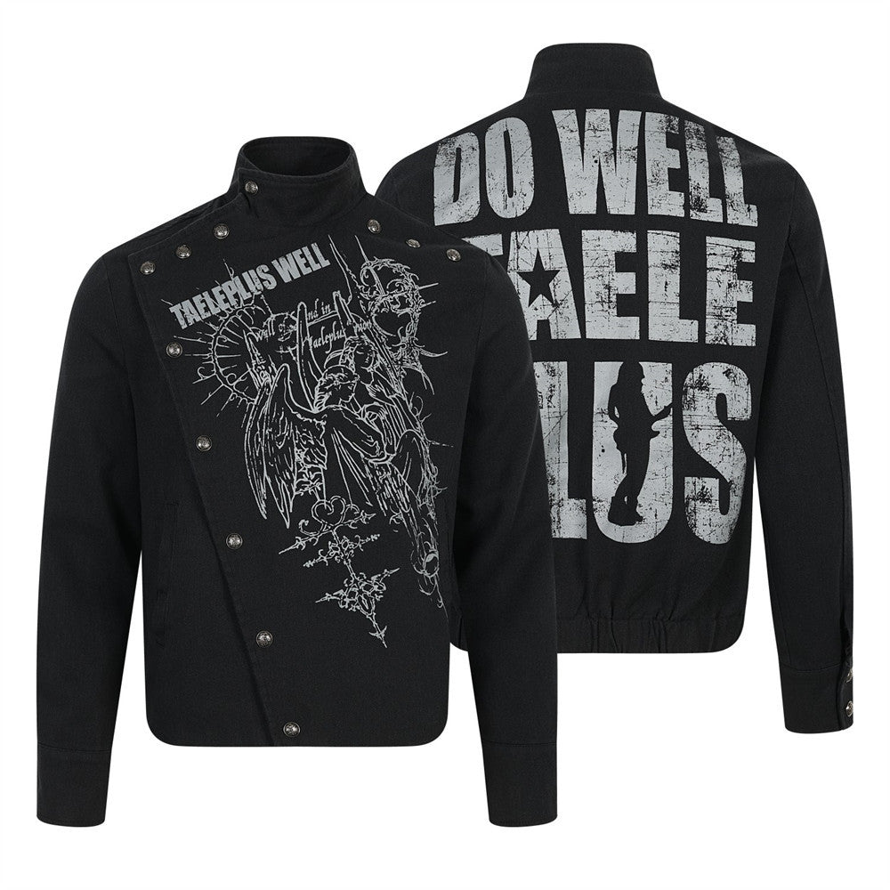 Men's black gothic short jacket with diagonal snap-button placket, angel graphic print on front and distressed lettering on b