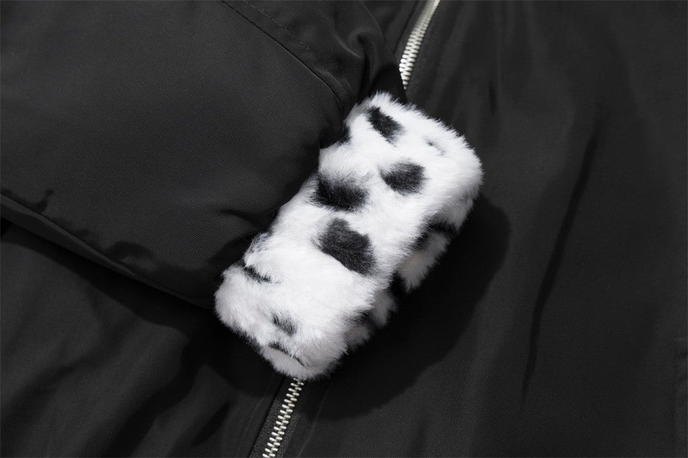 Reversible Dalmatian Print Faux Fur Bomber Jacket – Black & White Oversized