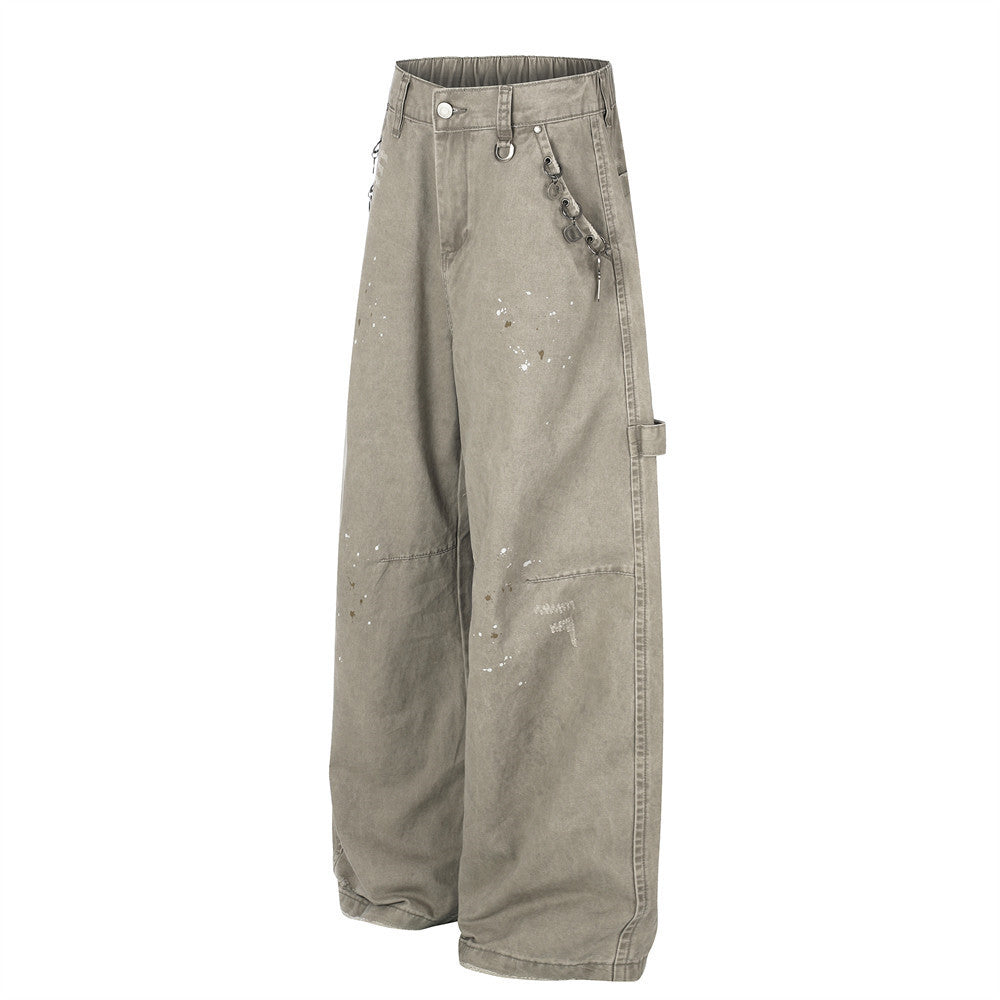 Pantalon cargo wide leg – Kaki délavé, éclaboussures de peinture et chaîne métallique