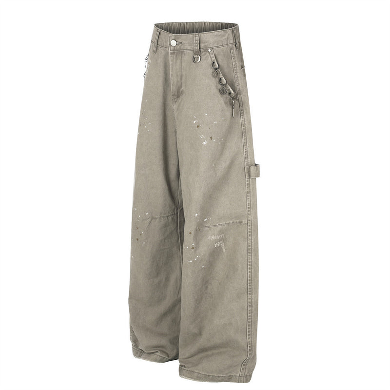 Pantalon cargo wide leg – Kaki délavé, éclaboussures de peinture et chaîne métallique