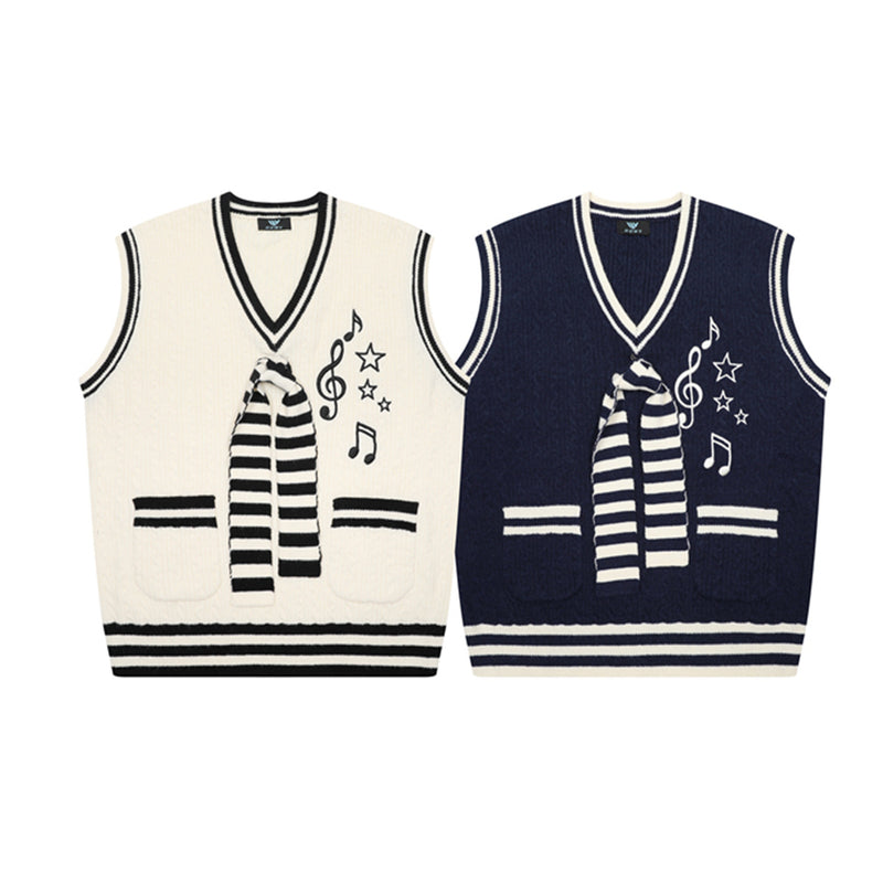V-Neck Cable Knit Sweater Vest with Music Note Embroidery & Striped Tie Detail