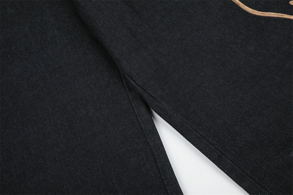 Wide-Leg Jeans Men – Dark Wash Denim with Script Embroidery & Faux Fur Cuffs