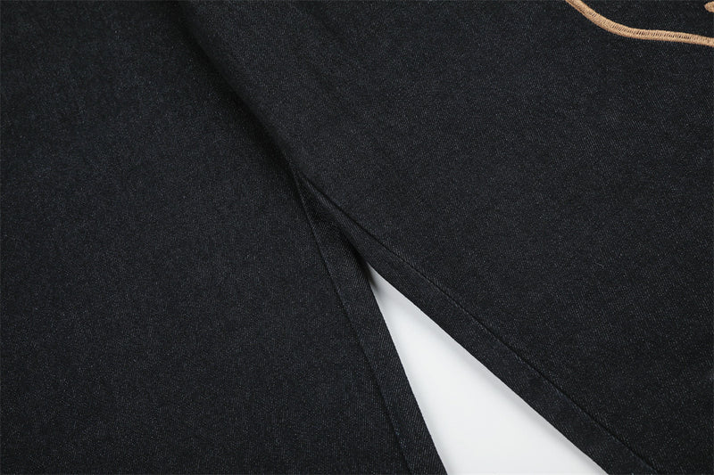 Wide-Leg Jeans Men – Dark Wash Denim with Script Embroidery & Faux Fur Cuffs