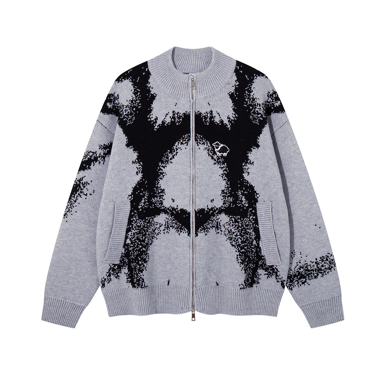 Oversized abstract bear jacquard zip-up knit cardigan sweater in grey and black, front view