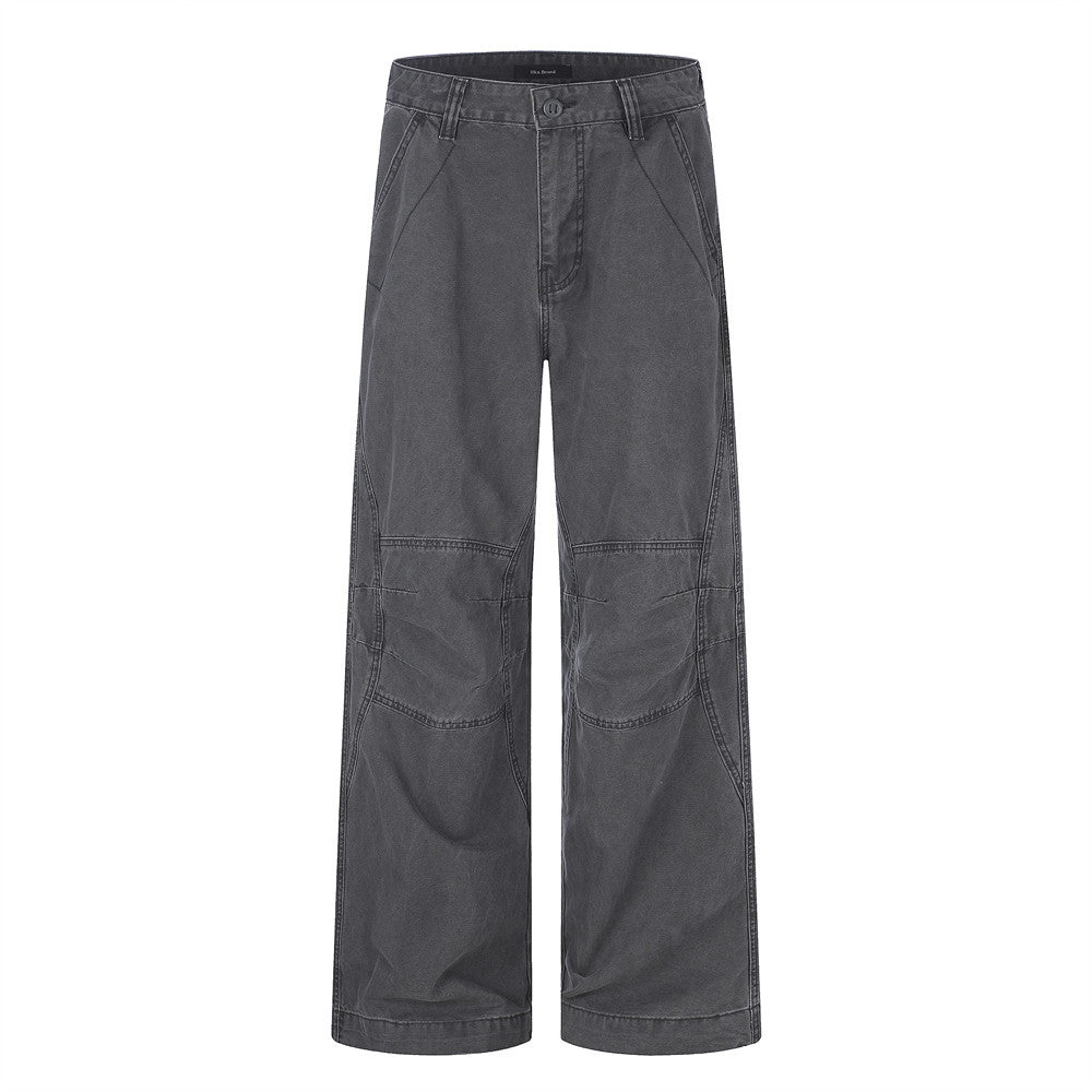 Men's wide-leg vintage washed deconstructed panelled cargo trousers in dark grey, front view
