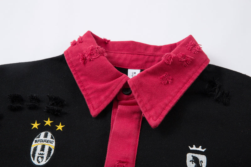 Polo rugby à manches longues colorblock effet deux pièces, délavé et brodé
