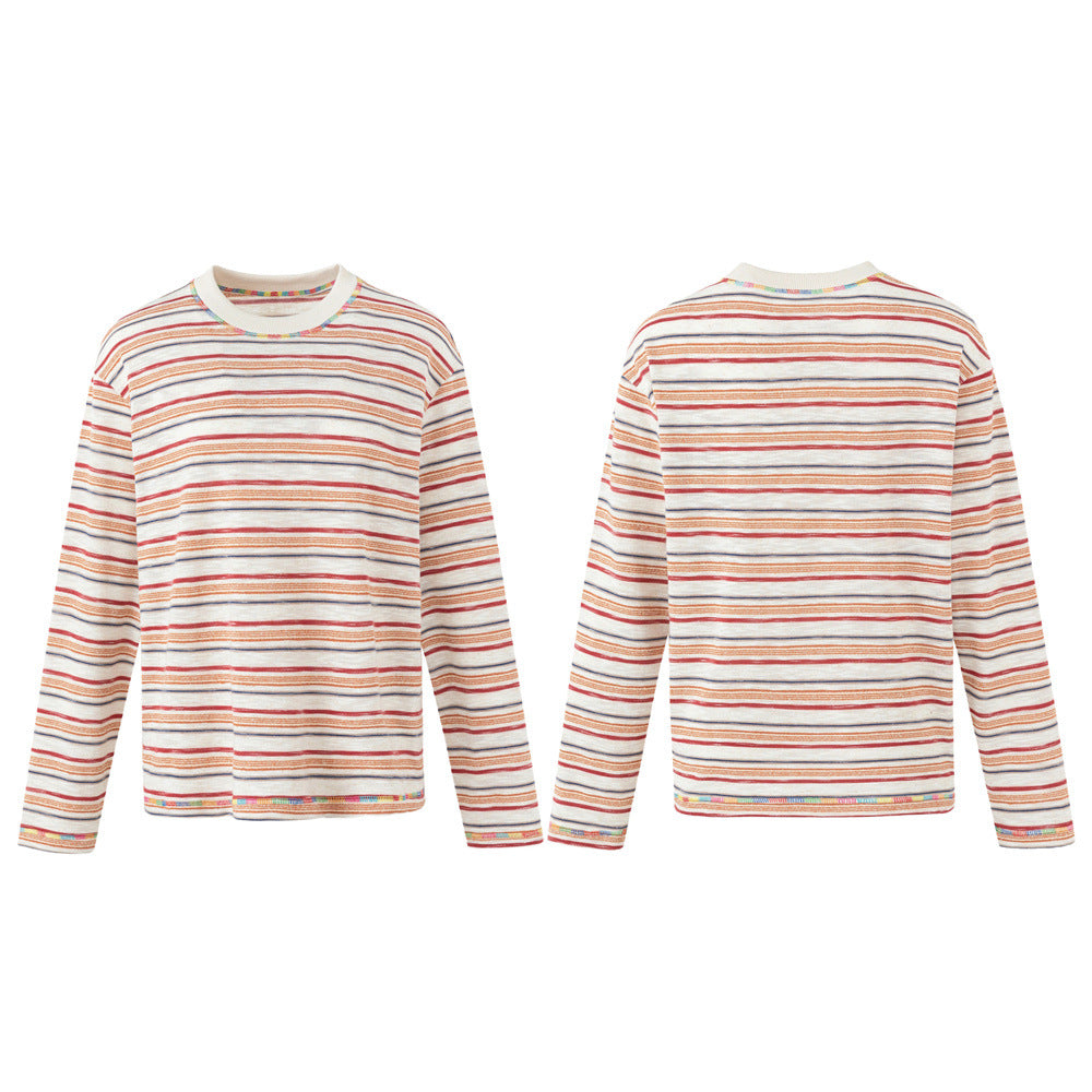 Men's relaxed fit long sleeve crewneck tee with multicolor horizontal stripes in rust, amber, navy, and cream