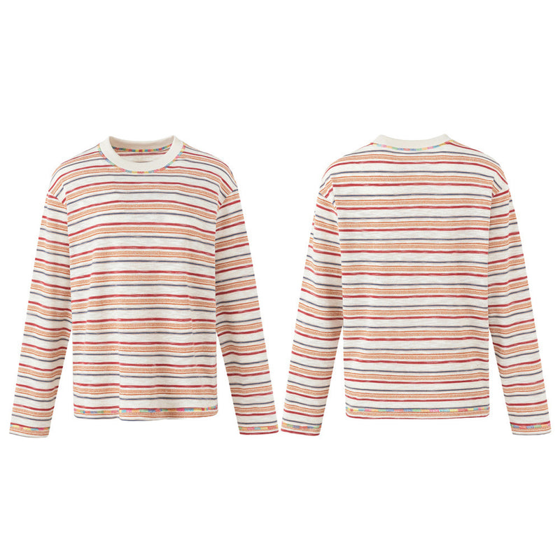 Men's relaxed fit long sleeve crewneck tee with multicolor horizontal stripes in rust, amber, navy, and cream