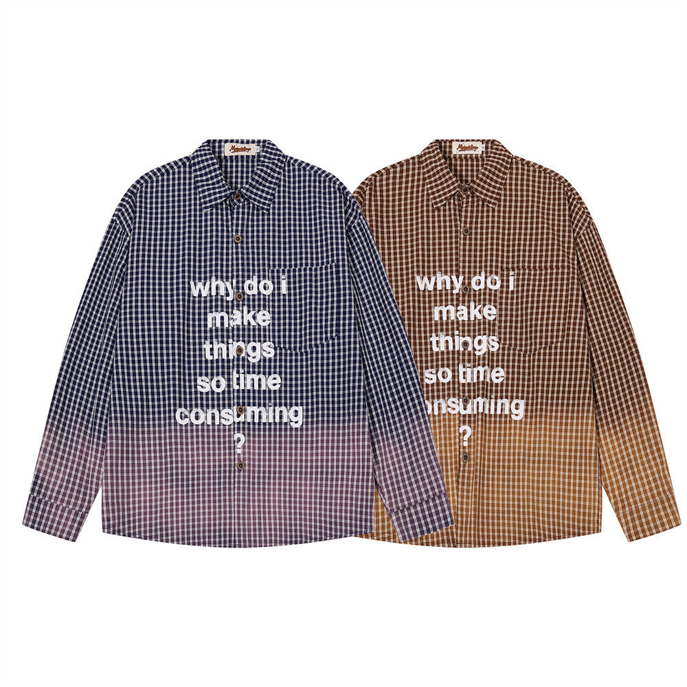 Camisa de manga larga con degradado de cuadros – Corte oversize con estampado de letras