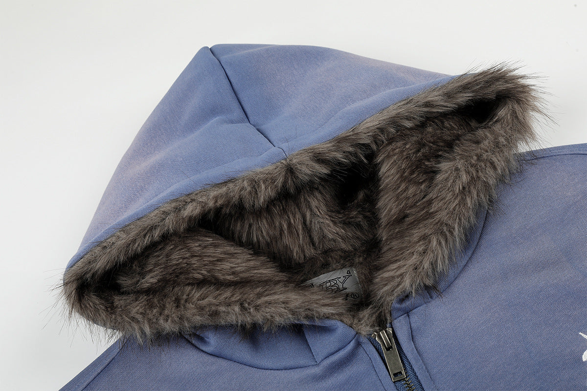 Black Energy Faux Fur-Lined Hooded Bomber Jacket – Washed Fleece Winter Coat