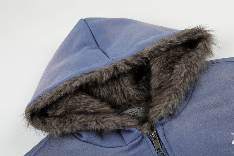 Black Energy Faux Fur-Lined Hooded Bomber Jacket – Washed Fleece Winter Coat