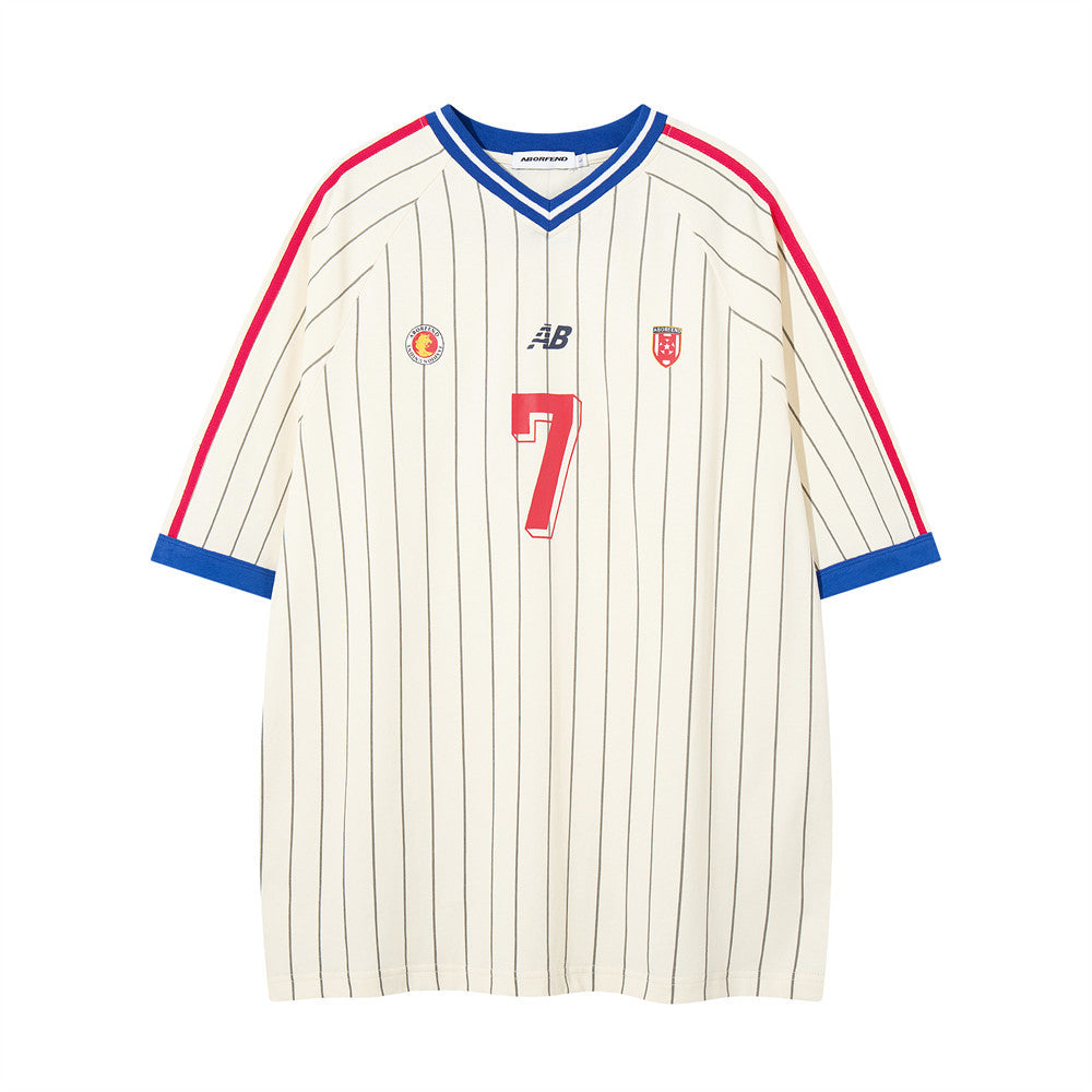 Pinstripe Soccer Jersey T-Shirt – Number 7 V-Neck Oversized Tee