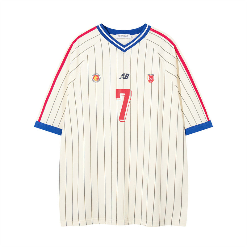Pinstripe Soccer Jersey T-Shirt – Number 7 V-Neck Oversized Tee