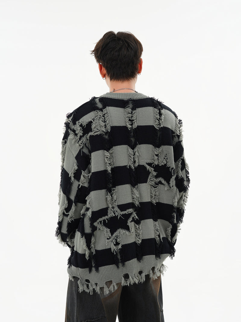 Pull oversize en maille rayée à étoiles délavée – Col rond à franges