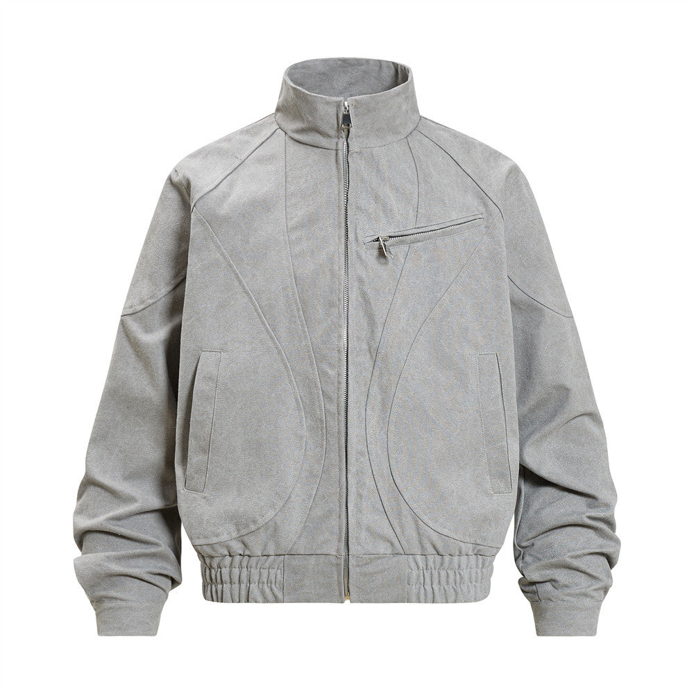 Men's stand collar bomber jacket in light grey with sculptural tonal seam detailing and chest zip pocket