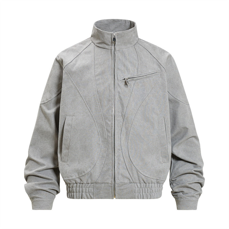 Men's stand collar bomber jacket in light grey with sculptural tonal seam detailing and chest zip pocket