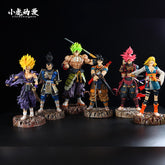 A set of six anime figurines, including the Seakoff Android 18 Collectible Figure from Dragon Ball Z, showcases unique characters with various hair colors and detailed armor or robes. Each strikes a samurai pose on individual bases against a black background.