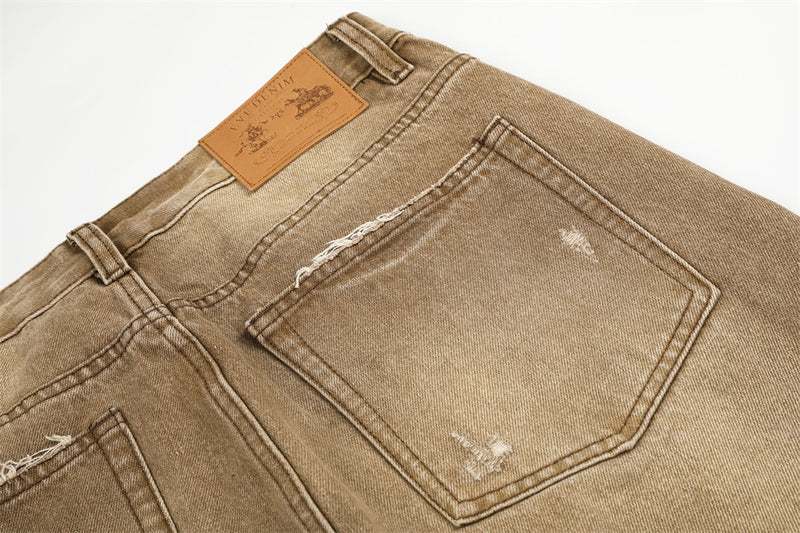 Men's Distressed Wide-Leg Flare Jeans – Vintage Sand-Washed Brown Denim