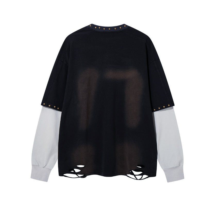 T-shirt manches longues effet superposé Flame 17 – Bas délavé, clous
