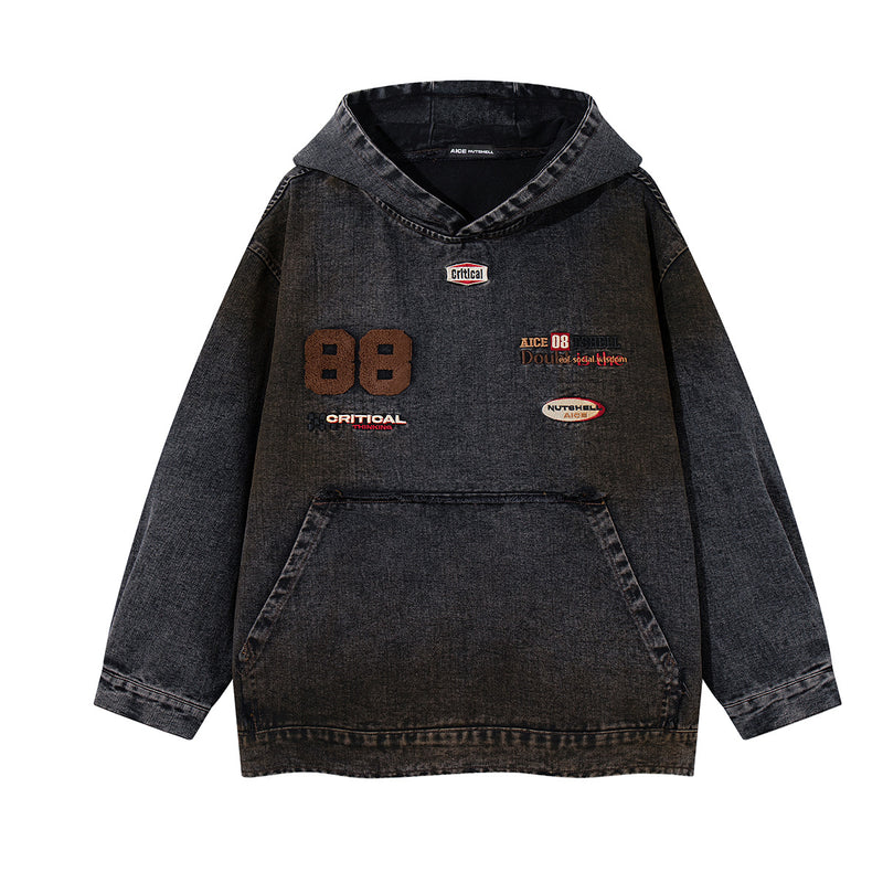Boxy Washed Denim Hoodie Jacket with 88 Embroidered Patches
