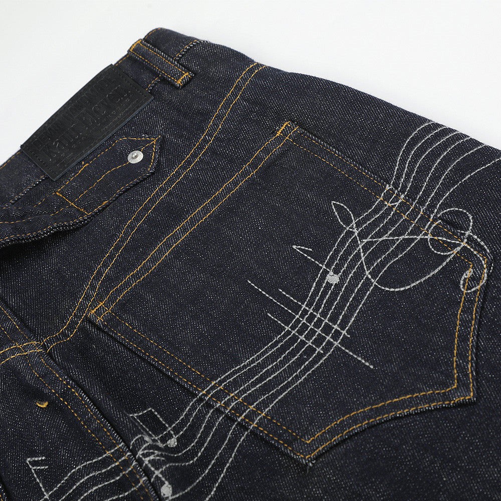 Wide-Leg Raw Denim Jeans with Music Note Embroidery