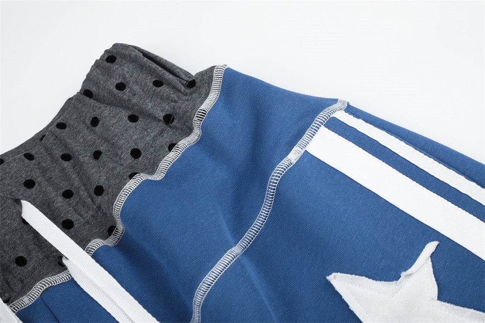 Pantalon de survêtement à jambes larges – Étoile bleue, bandes latérales et ceinture à pois
