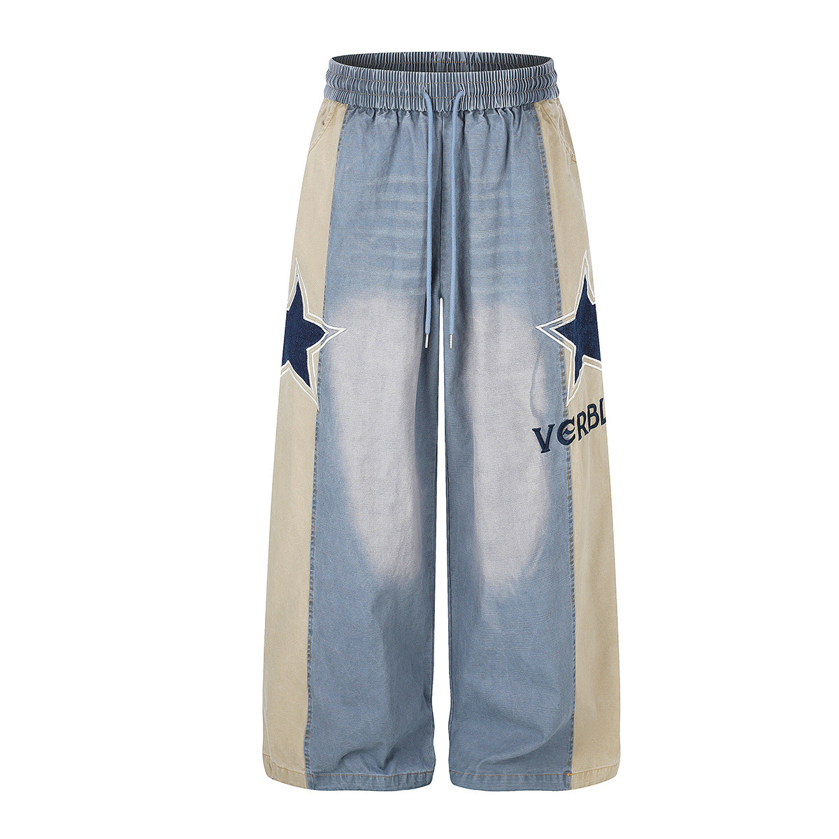 Jean délavé à jambes larges et empiècements color block, broderie de patch étoile et taille élastique à cordon, vues avant et arrière