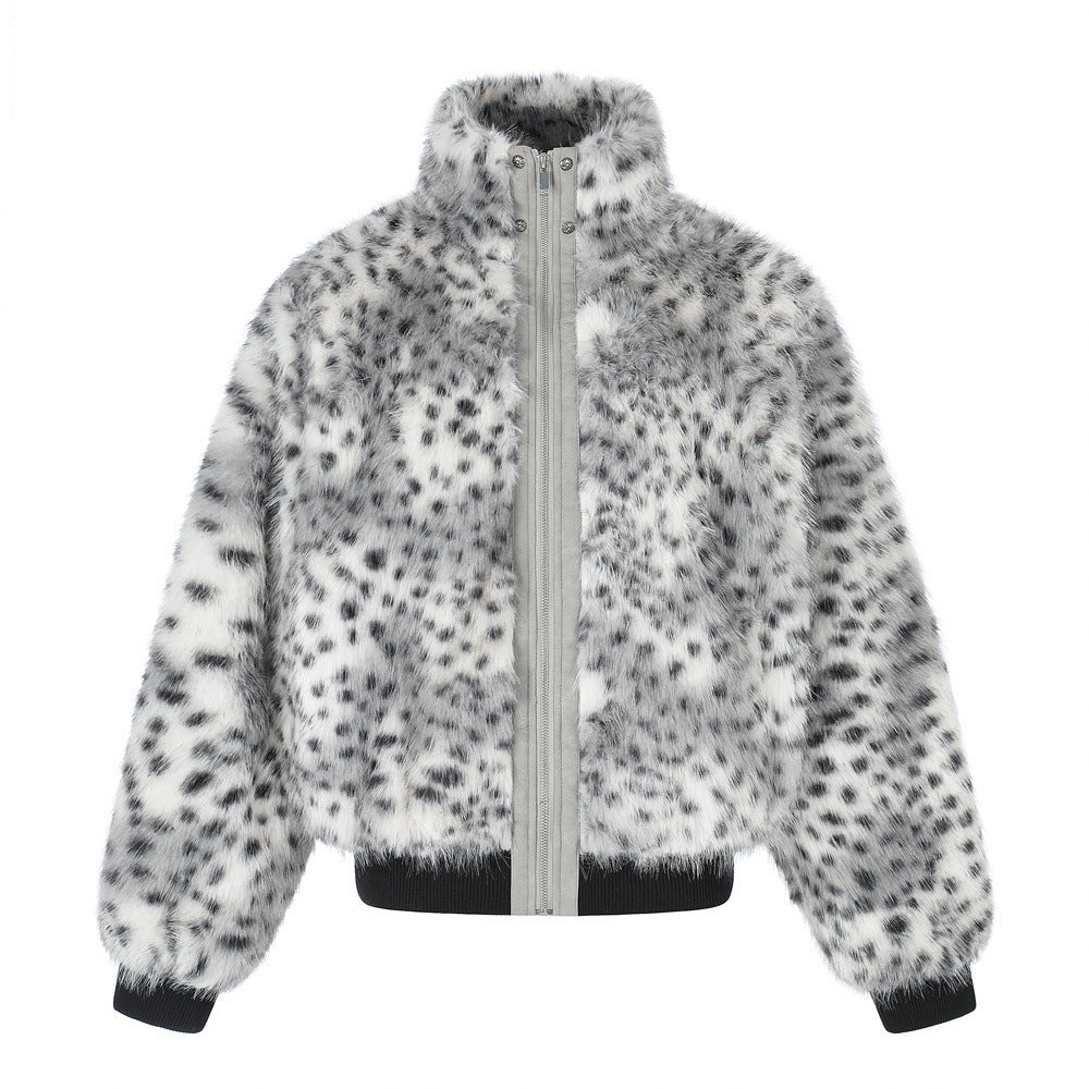 Faux Fur Leopard Print Bomber Jacket – Men's Oversized High-Collar Winter Coat