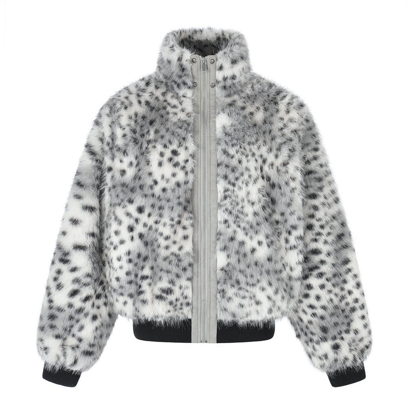 Faux Fur Leopard Print Bomber Jacket – Men's Oversized High-Collar Winter Coat