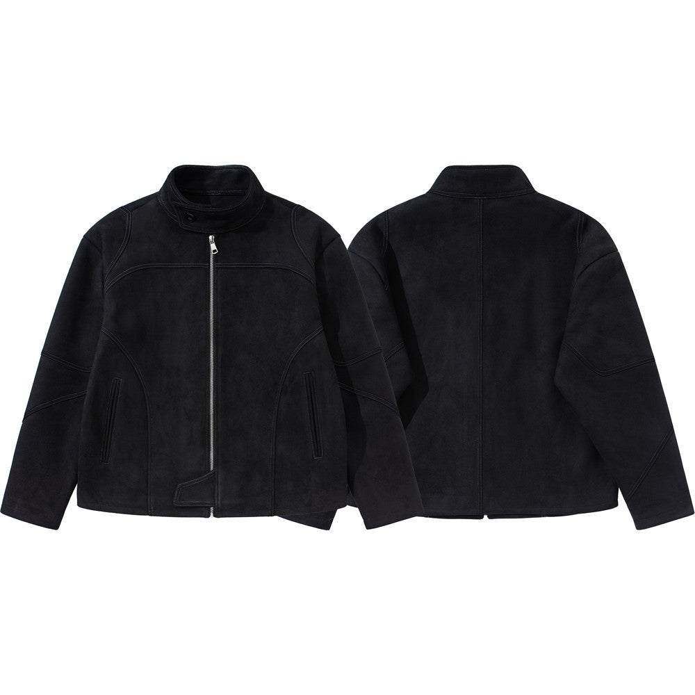 Men's Black Suede-Texture Zip-Up Moto Jacket – Structured Paneling, Stand Collar
