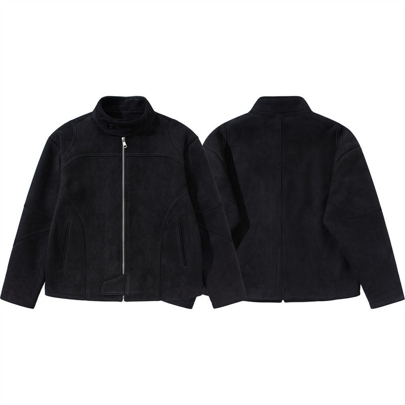 Men's Black Suede-Texture Zip-Up Moto Jacket – Structured Paneling, Stand Collar