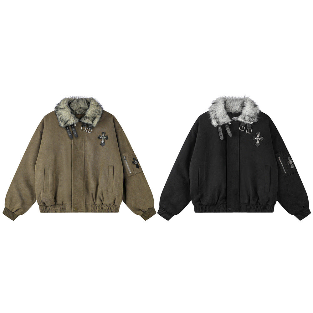 Blouson bomber homme oversize doublé sherpa, col en fausse fourrure, écusson croisé et bride à boucle, noir et kaki