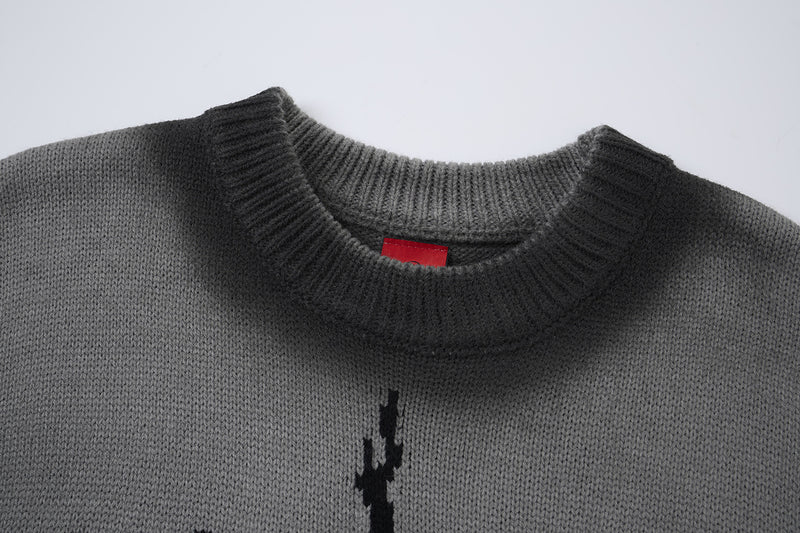 Pull col rond en maille – Graffiti usé, dégradé délavé à l’acide