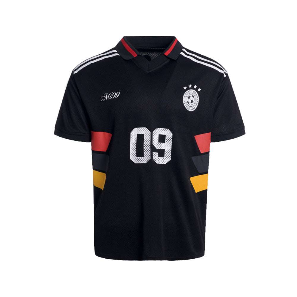 Men's oversized black soccer jersey graphic t-shirt with number 09 print and tri-color chevron panels