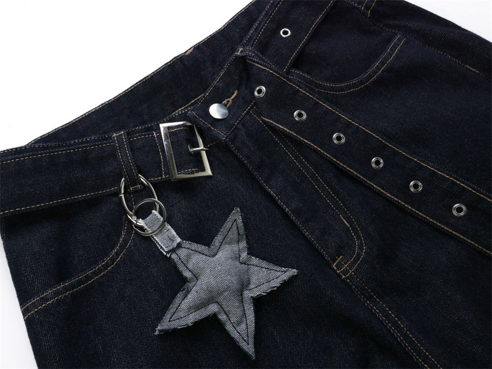 Wide-Leg Dark Indigo Jeans – Oversized Silhouette with Star Charm Belt &