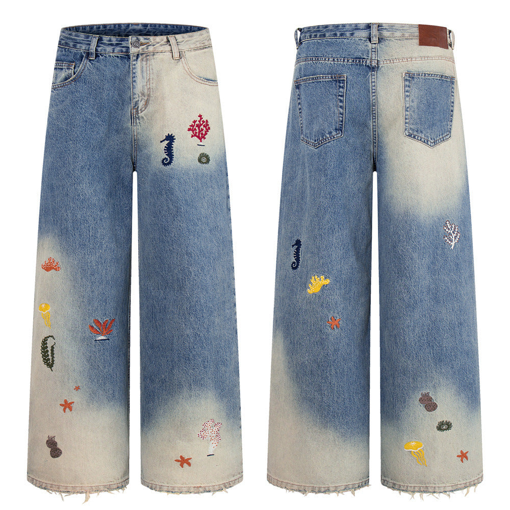 Wide-Leg Jeans with Ocean Embroidery & Gradient Wash