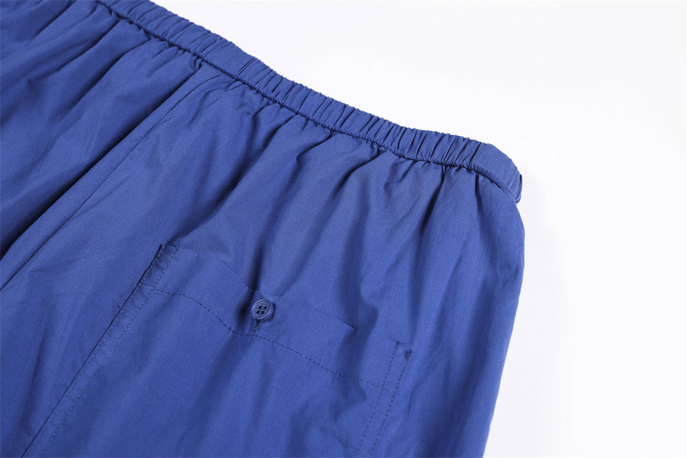 Wide-Leg Relaxed Fit Pants – Elastic Drawstring Waist, Button Placket, Solid