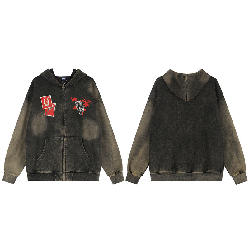 Acid-Wash-Zip-Hoodie mit Hufeisen-Stamp & Rider-Grafik – Oversize-Passform
