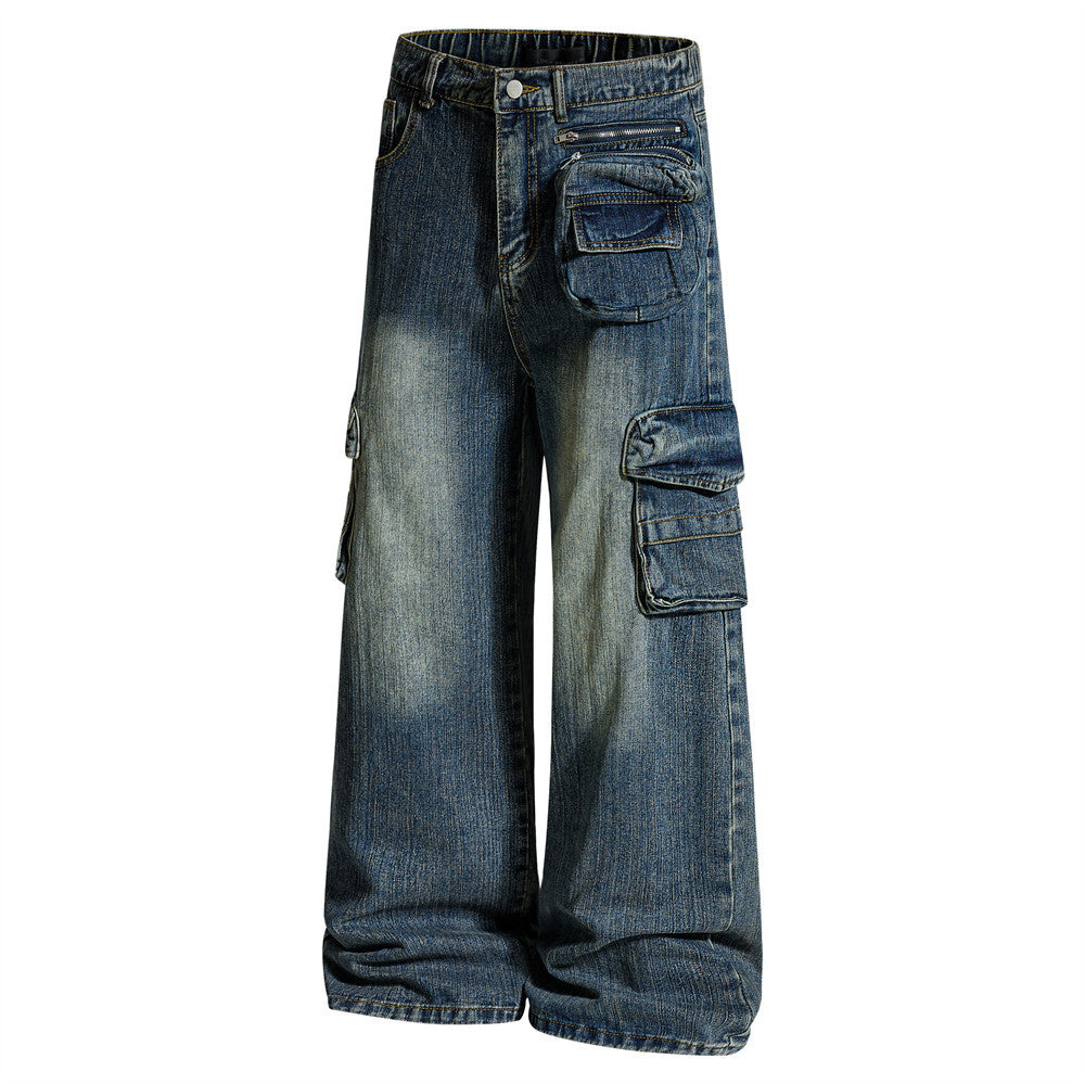Vaqueros cargo para hombre — Pantalón vaquero de pierna ancha con múltiples bolsillos y lavado desgastado