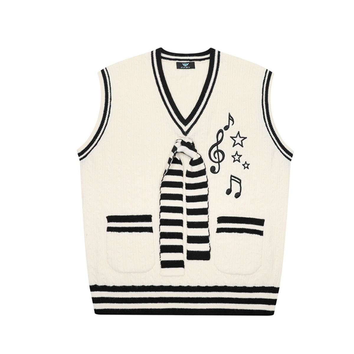 V-Neck Cable Knit Sweater Vest with Music Note Embroidery & Striped Tie Detail