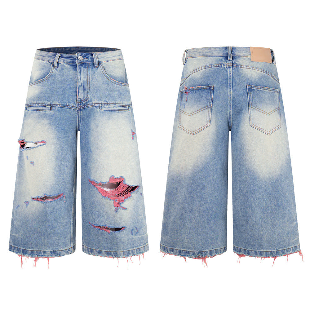 Ripped Wide-Leg Denim Shorts – Pink Thread Distressed, Washed Blue