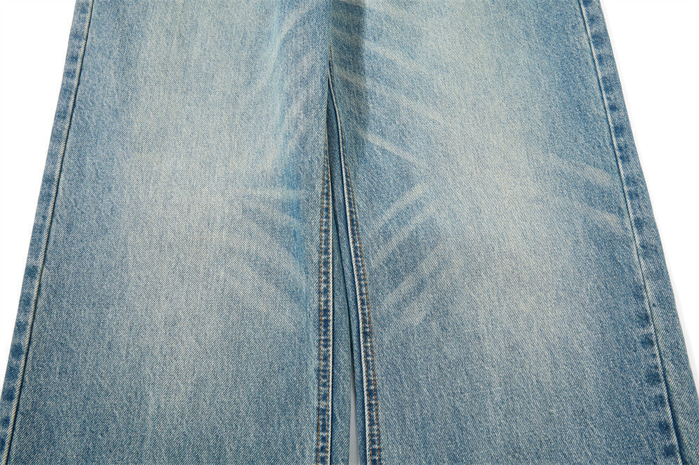Men's Straight Fit Jeans Baggy Wide-Leg Washed Vintage Light Blue Denim
