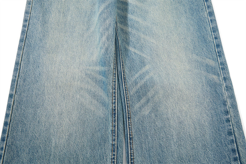 Men's Straight Fit Jeans Baggy Wide-Leg Washed Vintage Light Blue Denim